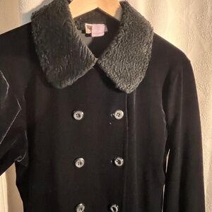 Vintage 90's Black Velvet Double-breasted Jacket - w/fake fur collar & cuffs